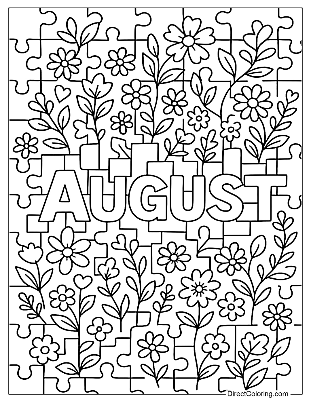 Garden coloring page made from puzzle pieces, flowers and leaves growing in between and the word 